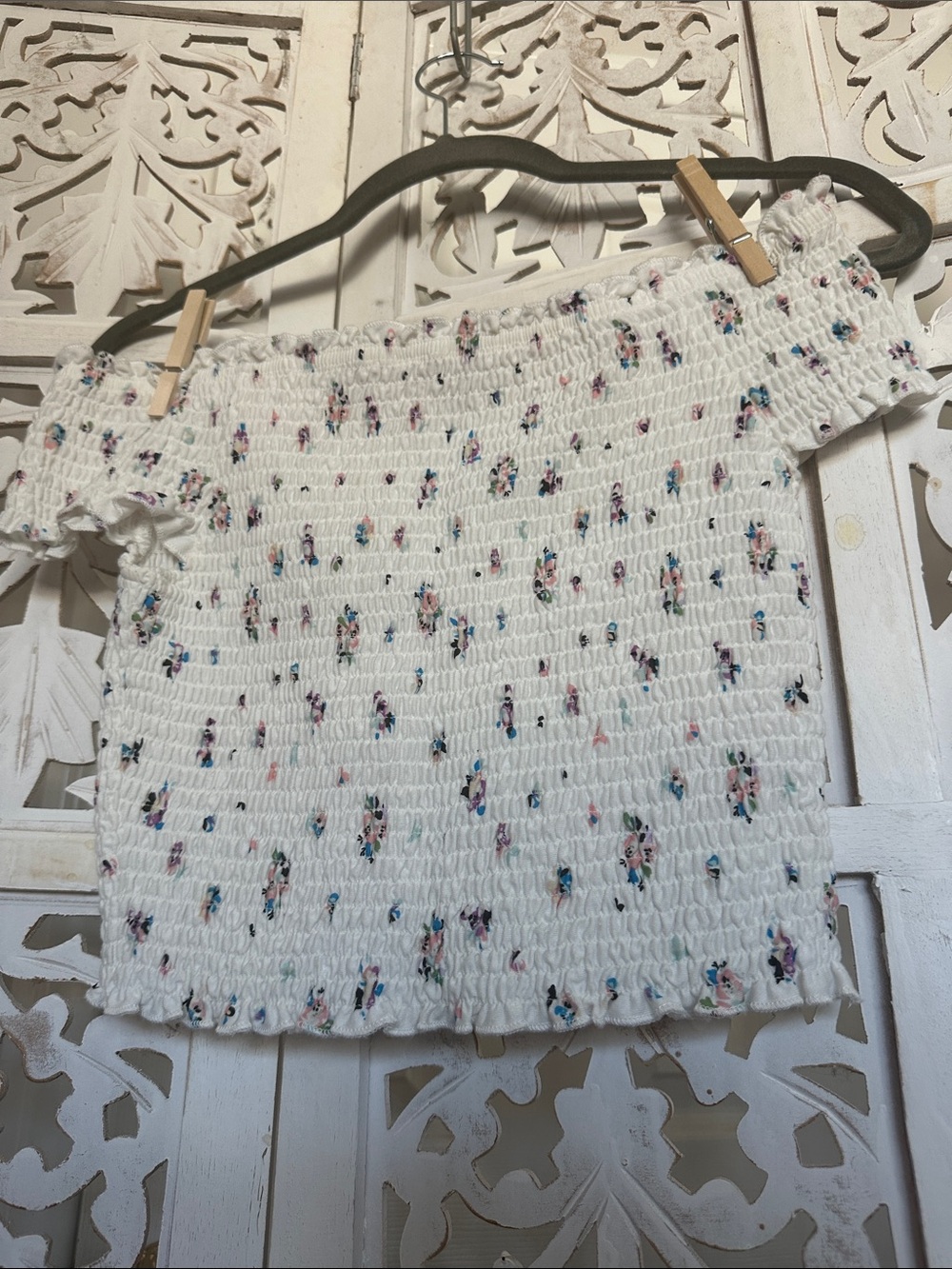 BONGO White Smocked Off-Shoulder Crop Top with Pink & Blue Floral Specks